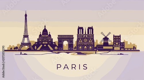Foto Minimalist Parisian Skyline Silhouette Vector Illustration, Eiffel Tower, Notre