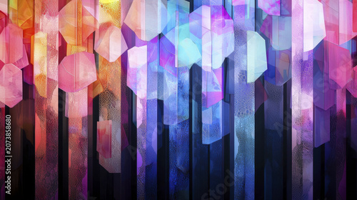 Vibrant abstract background featuring colorful hexagonal shapes and vertical lines, creating dynamic and modern visual effect