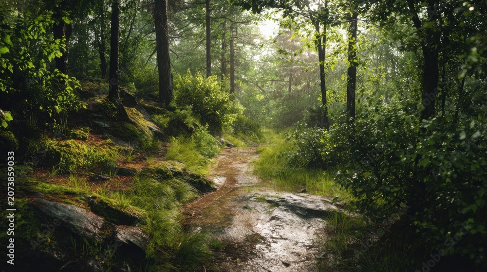 Fototapeta premium peaceful forest trail after rainfall, sunlight filtering through trees, fresh green foliage, nature wellness concept, cinematic landscape