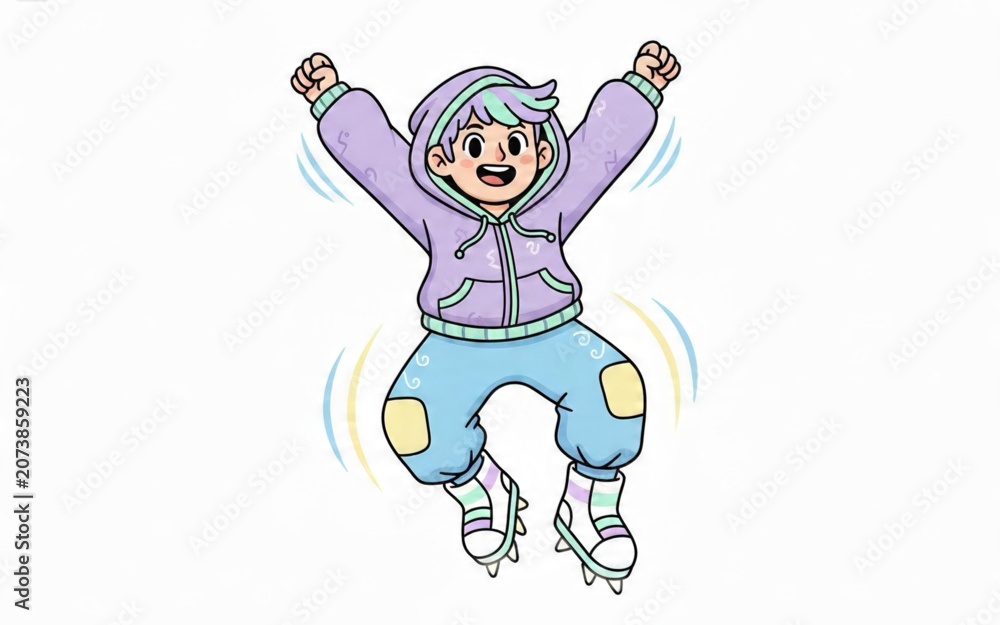 Fototapeta premium Excited Boy Wearing a Purple Hoodie and Light Blue Pants Enjoying Ice Skating in a Fun Cartoon Style Illustration