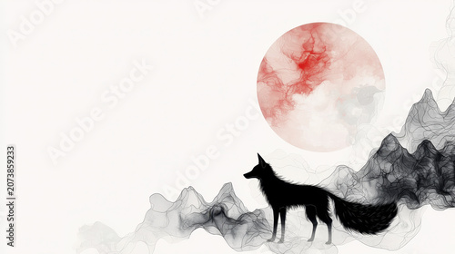 Silhouette of fox stands against large red moon, surrounded by flowing black and gray smoke like shapes, creating serene