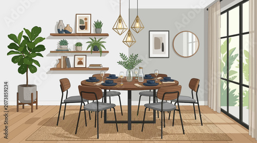 Interior designers showcase a modern dining room with table, chairs, shelves, plants, and lighting fixtures