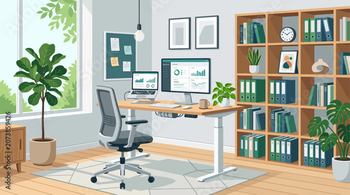 Modern office interior with desk chair computer monitor plants and bookshelf
