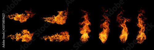Photography Collection of realistic fire flames isolated on black background, featuring blazing fire, burning flame elements, heat, energy, explosion effects, and transparent overlay design for creative projects
