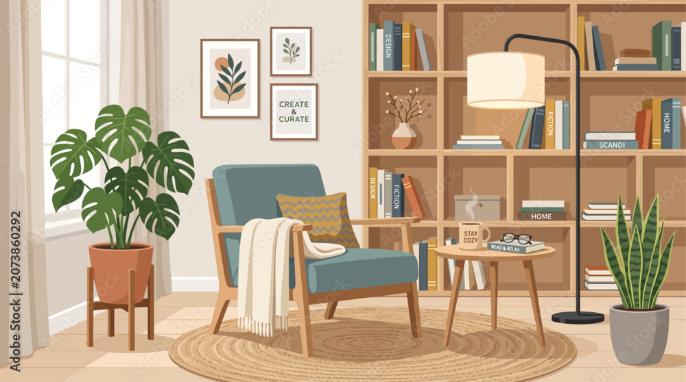 Fototapeta premium A cozy living room scene with a chair, lamp, table, bookshelf, and plants indoors.