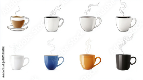 Collection of line drawn coffee cups in various colors, showcasing steam rising from each cup, evokes warmth and comfort