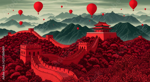 Hot Air Balloons Floating Over Mountainous Landscape at Sunrise with Dramatic Sky