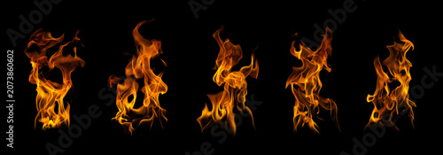 Photography Collection of realistic fire flames isolated on black background, featuring blazing fire, burning flame elements, heat, energy, explosion effects, and transparent overlay design for creative projects