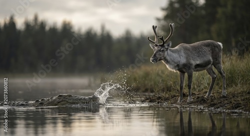 This fascinating scene captures a reindeer cautiously approaching a crocodile in a serene natural setting, AI generated