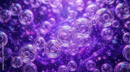 Abstract dynamic purple liquid texture with floating bubbles