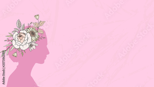 Photos Elegant pastel pink background featuring a female silhouette surrounded by delicate floral decorations and generous copy space