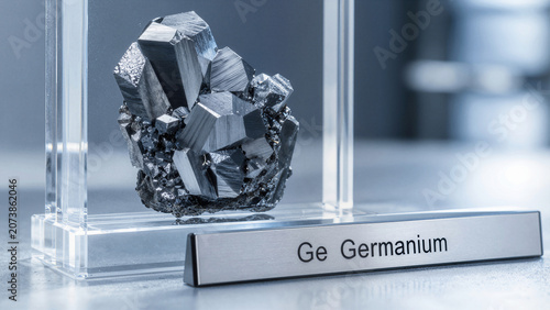 Display of germanium crystal in a scientific exhibition at a museum showcasing minerals and elements to visitors during an educational event