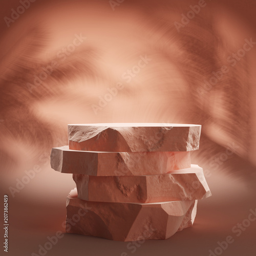 Stone slabs are arranged in a stacked formation. Stone slab, stone podium for display product. Shadow of a palm tree in the background. 