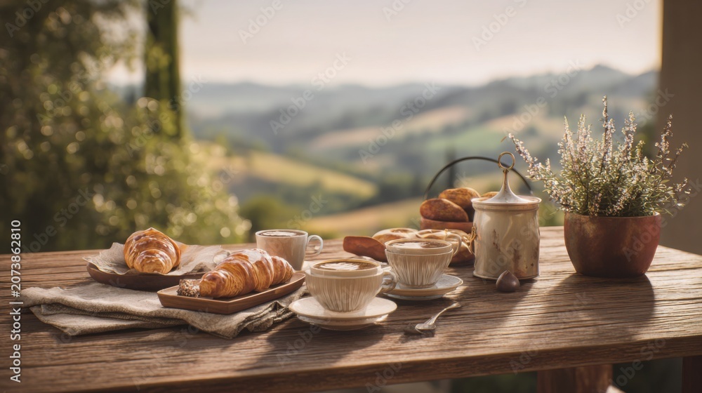 Fototapeta premium Simple Italian breakfast with coffee and fresh pastries on a rustic terrace overlooking rolling Tuscan countryside, soft morning light, luxury slow