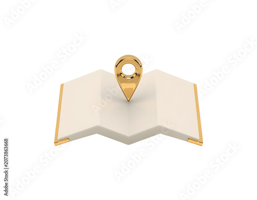 Golden map pin on a white folded paper background isolated on black map pin