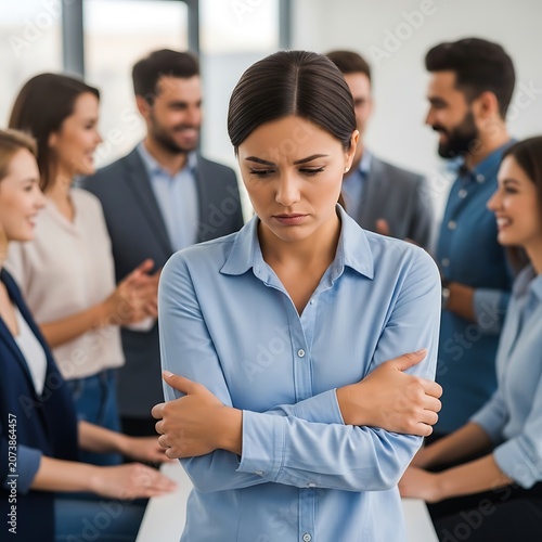 Young woman feeling isolated amidst laughing colleagues in office