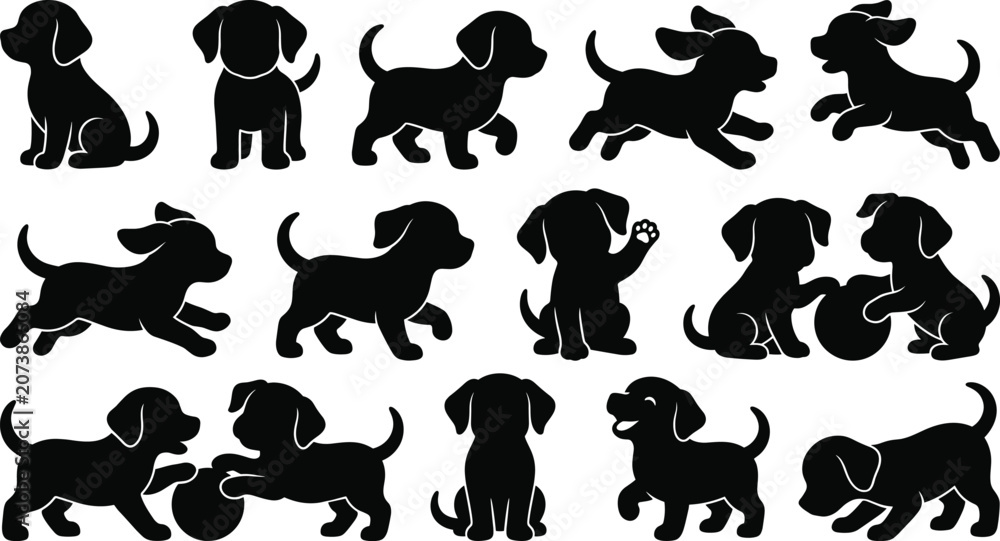 Obraz premium Cute Puppy Silhouette Collection Set with Sitting Running Playing and Walking Dog Poses
