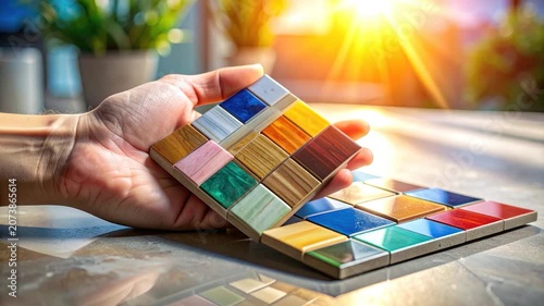 Hand holding a mosaic of colorful tiles under sunlight, near similar tiles