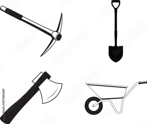 Vászonkép Construction Industrial work tools icon set, black silhouettes of different equi