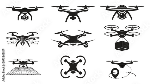 Drone Icons Set – UAV, Quadcopter, and Fixed-Wing Vector Silhouette