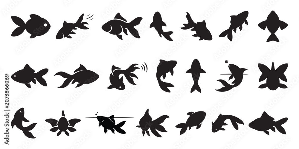 Fototapeta premium Goldfish Silhouettes Vector Set – Fancy Fish and Carp Icon Collection
