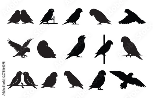 Lovebird Silhouettes Vector Set – Parrot and Parakeet Icon Collection