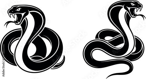 Schilderij op canvas Coiled King Cobra Snake Silhouette Mascot Vector Design Set