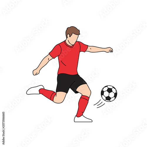 Soccer player kicking a ball in red and black uniform