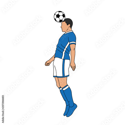 Soccer player jumping to head a ball in blue and white uniform