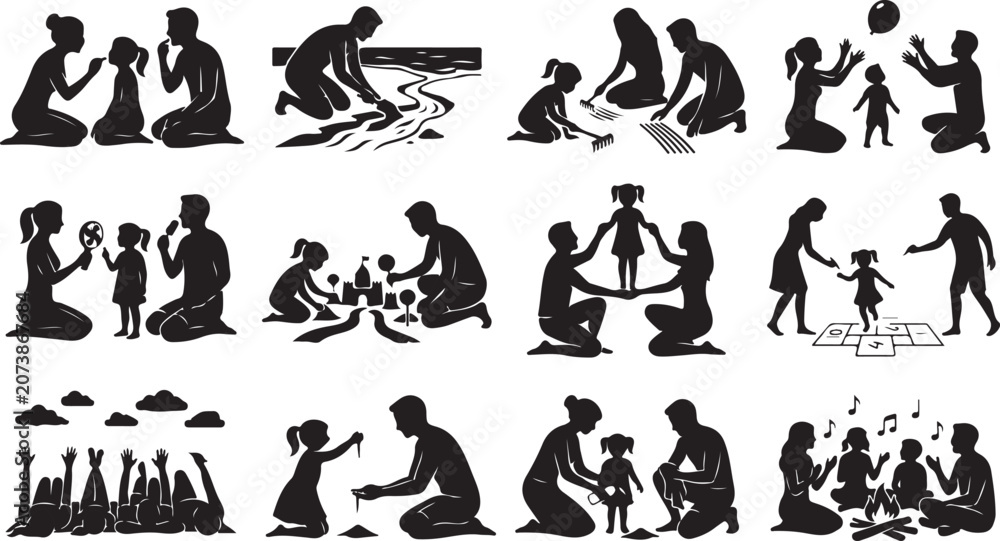 Obraz premium Kids creative learning and family play beach silhouettes, summer holiday educational vector