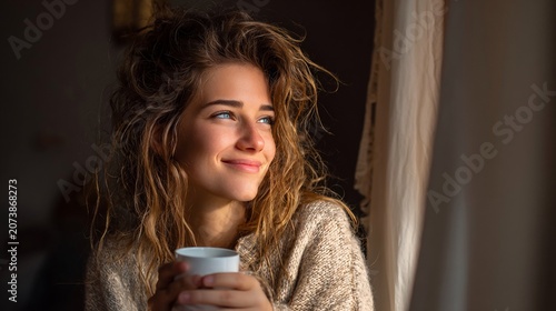 Young woman with curly hair and warm smile holding a cup, gazing out of a window in soft morning light.