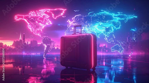 Neon-lit suitcase stands before a world map, city lights reflect