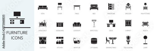 Furniture icon set. Containing sofa, chair, table, bed, lamp, wardrobe, mirror, desk and more. Vector solid icons collection.
