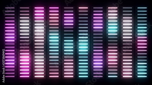 Neon Digital Equalizer Bars Flashing, Abstract Colorful LED Audio Level Meter Background Loop