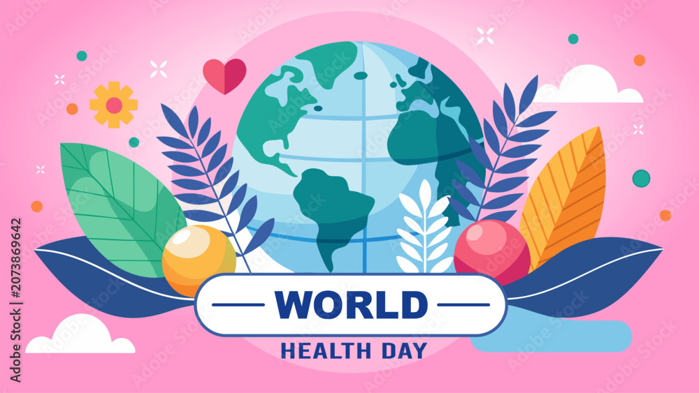 Fototapeta premium Colorful World Health Day illustration with globe and decorative elements, suitable for healthcare campaigns, wellness events and medical awareness promotions.