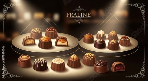 Assortment of praline chocolates on decorative plates.