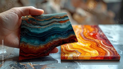 A hand holds a decorative piece featuring layered colors, next to another