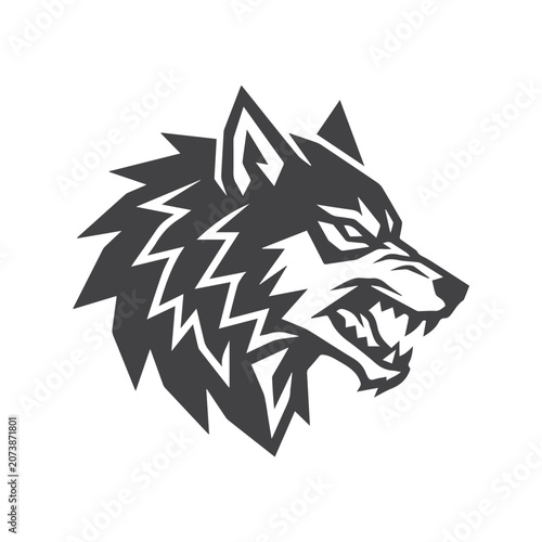 Aggressive Stylized Wolf Head Snarling in Black and White Vector Art