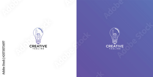 Creative lightbulb logo featuring a hand pointing upwards symbolizing new ideas, innovation, and smart solution for modern business identity