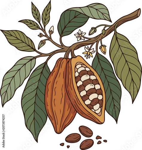 Cocoa pods and beans on a branch with green leaves