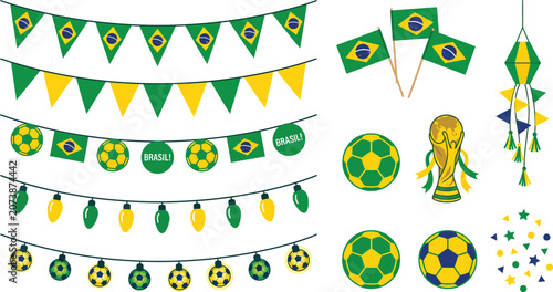 Brazilian flags soccer balls and festive decorations vector illustration