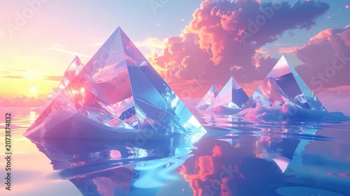 Crystal pyramids reflecting in calm water, bathed in a pastel sunset glow