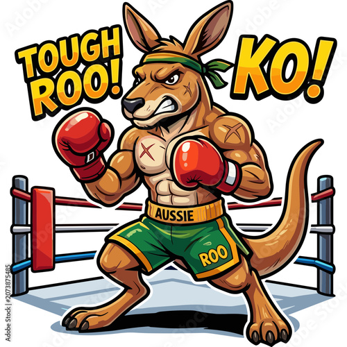 A muscular cartoon kangaroo wearing boxing gloves punches fiercely in a ring