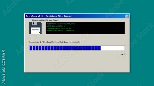 Retro computer interface scanning screen graphic celebrating a virtual Canada Day theme with pixel art progress bar in classic operating system style