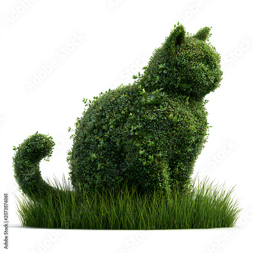 Shrubs trimmed into cat in grass transparent background