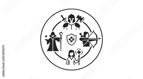 Bild auf Leinwand Fantasy RPG Classes Circle Icon Set: Mage, Warrior, Archer, Healer