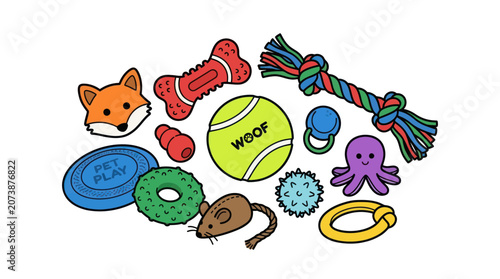 Obraz na plátne Collection of colorful dog toys and play accessories.