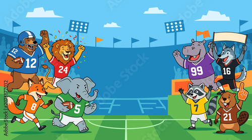 Cartoon animals playing American football on a stadium field with copy space for text.