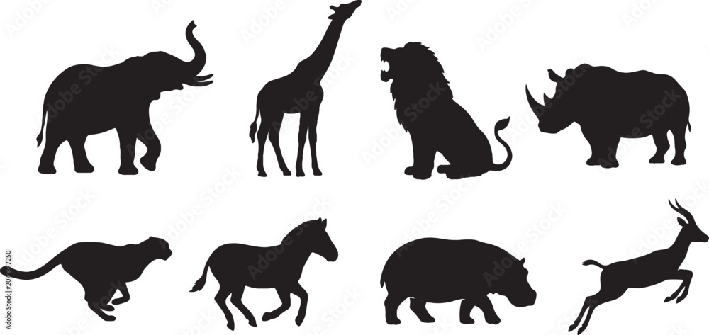Obraz premium African safari wild animal black silhouettes set featuring elephant giraffe lion rhino cheetah zebra hippo and gazelle