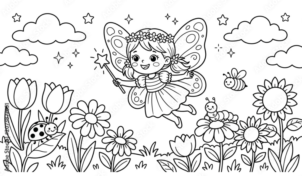 Obraz premium Cute flying fairy girl coloring page printable fantasy line art for kidsCute flying fairy girl coloring page printable fantasy line art for kidsCute fairy girl sitting on mushroom coloring book page f